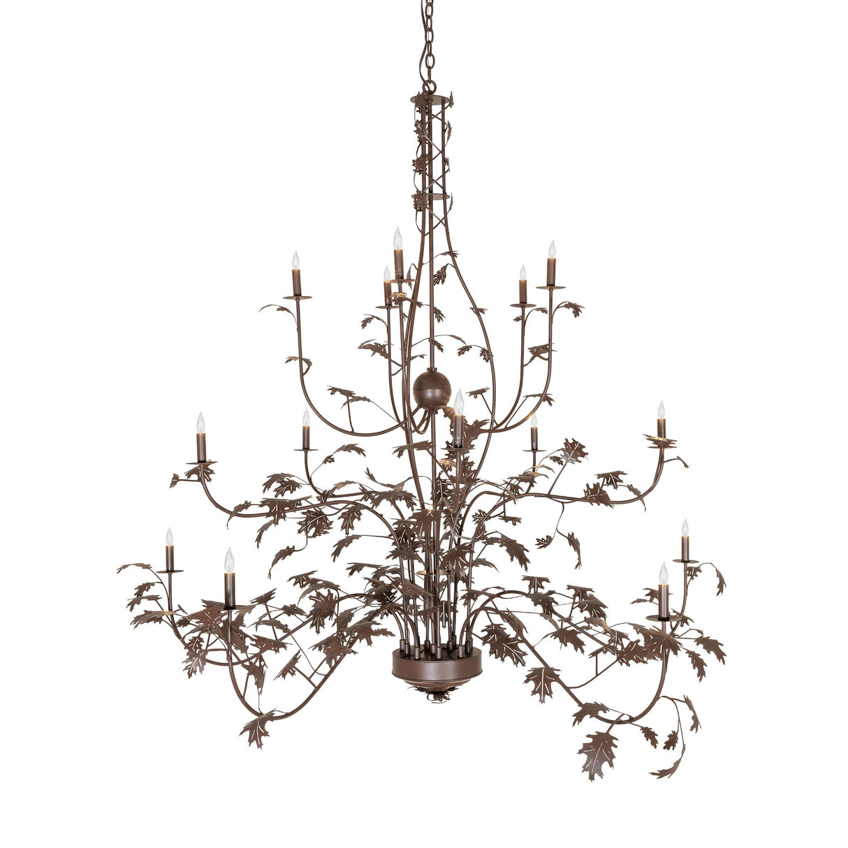 Side view of oak leaf chandelier displaying sweeping branch arms and candle style lights.