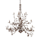 Side view of oak leaf chandelier displaying sweeping branch arms and candle style lights.