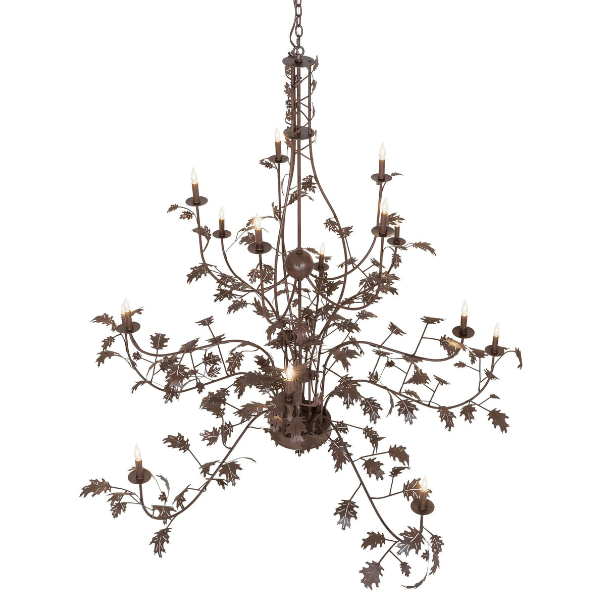 Top angled view of oak leaf chandelier showing layered branch arms and leaf detailing.