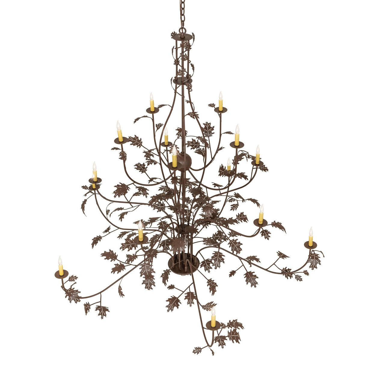 Oak leaf 15 light chandelier shown from a top angle perspective.