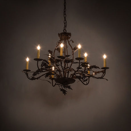 Oak leaf 9 light chandelier in ambient lighting with soft candle glow.