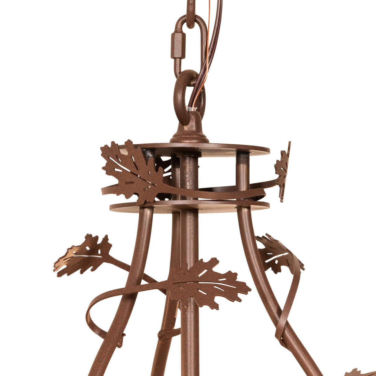 Close-up view of chandelier mounting hardware, chain, and top connection.