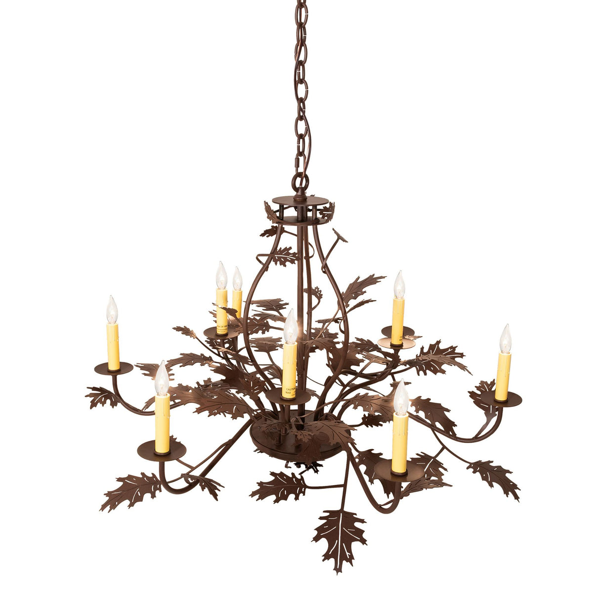 Top angle view highlighting the chandelier’s branching oak leaf structure.