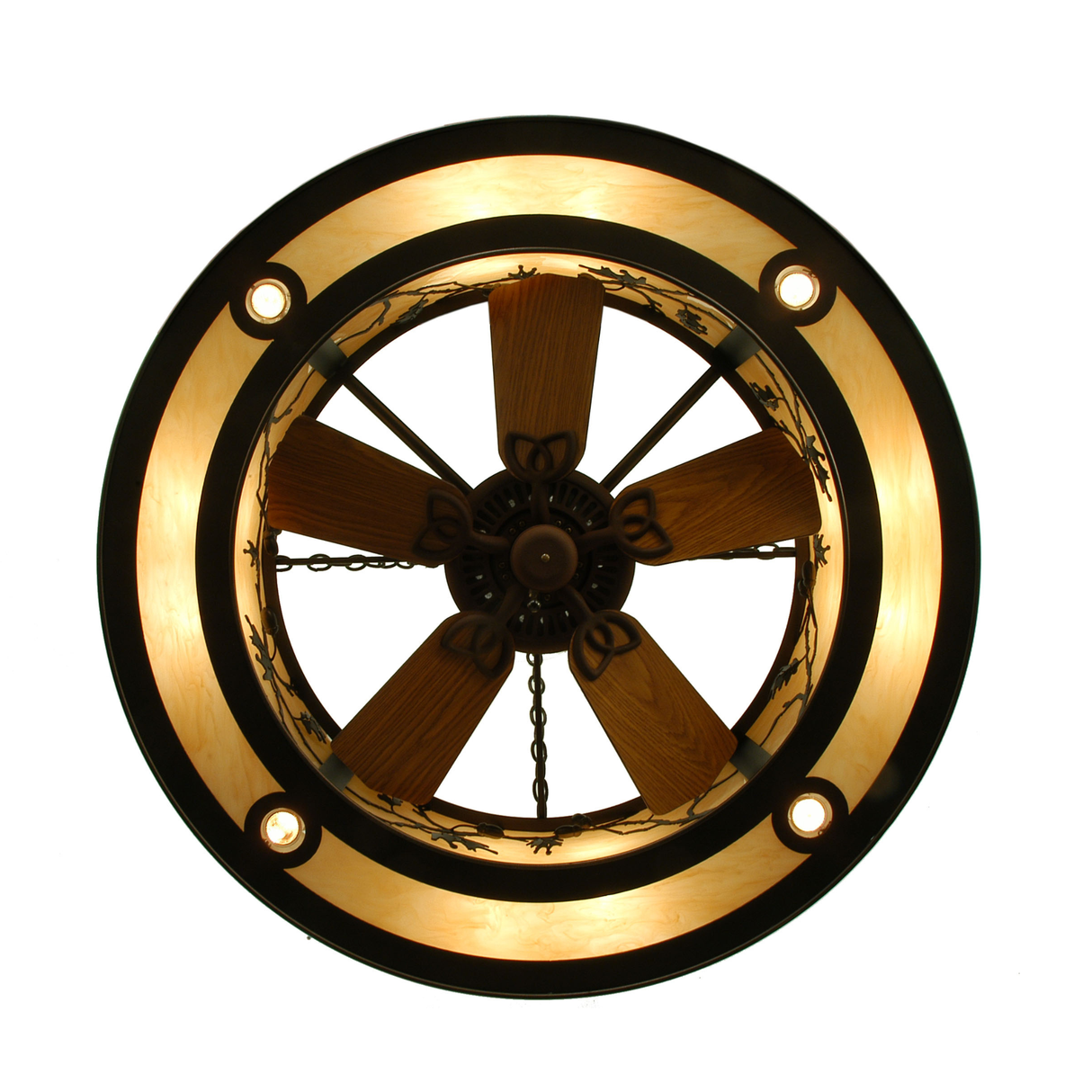 Bottom view showing fan blades and interior lighting.