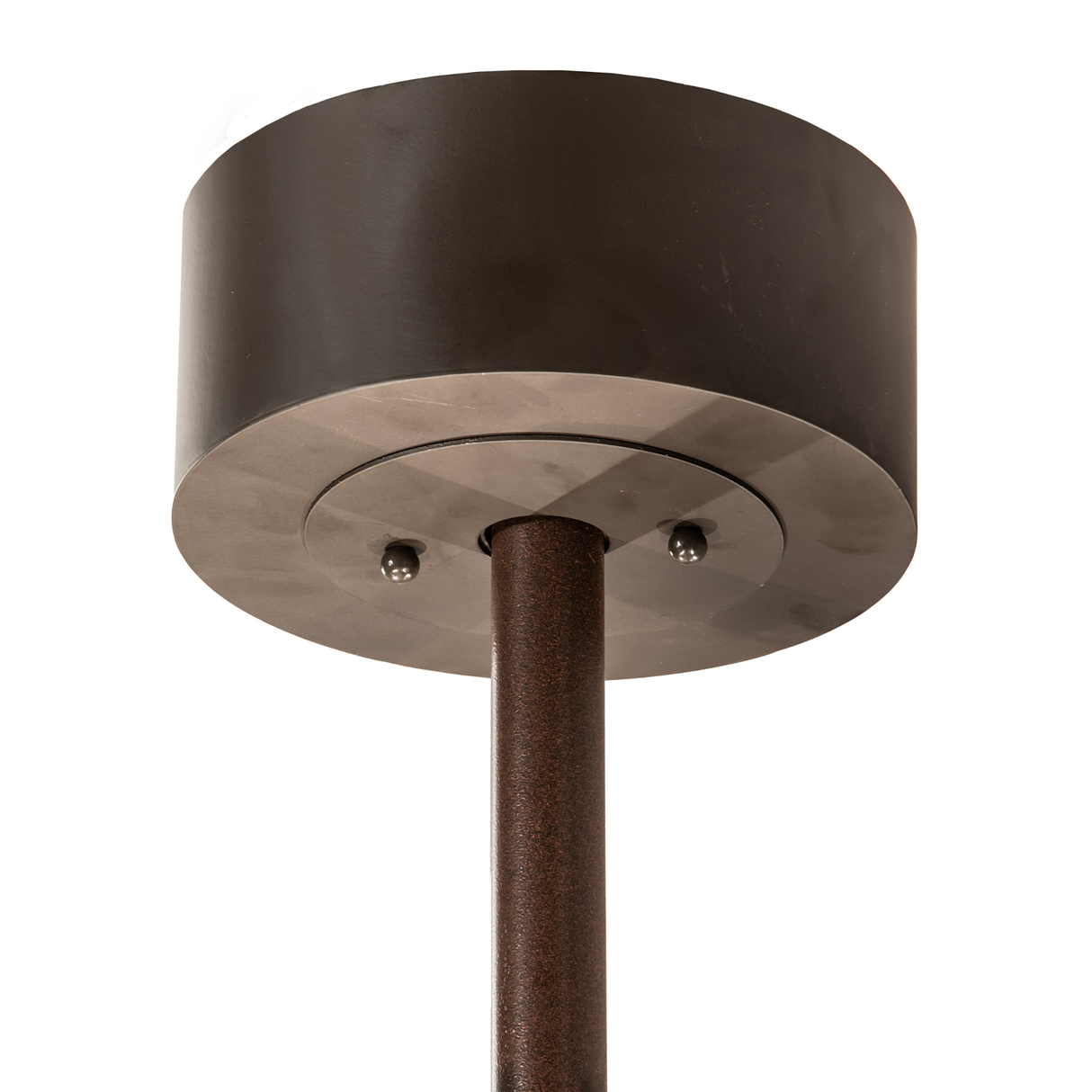 Close-up of ceiling canopy and downrod in oil-rubbed bronze.