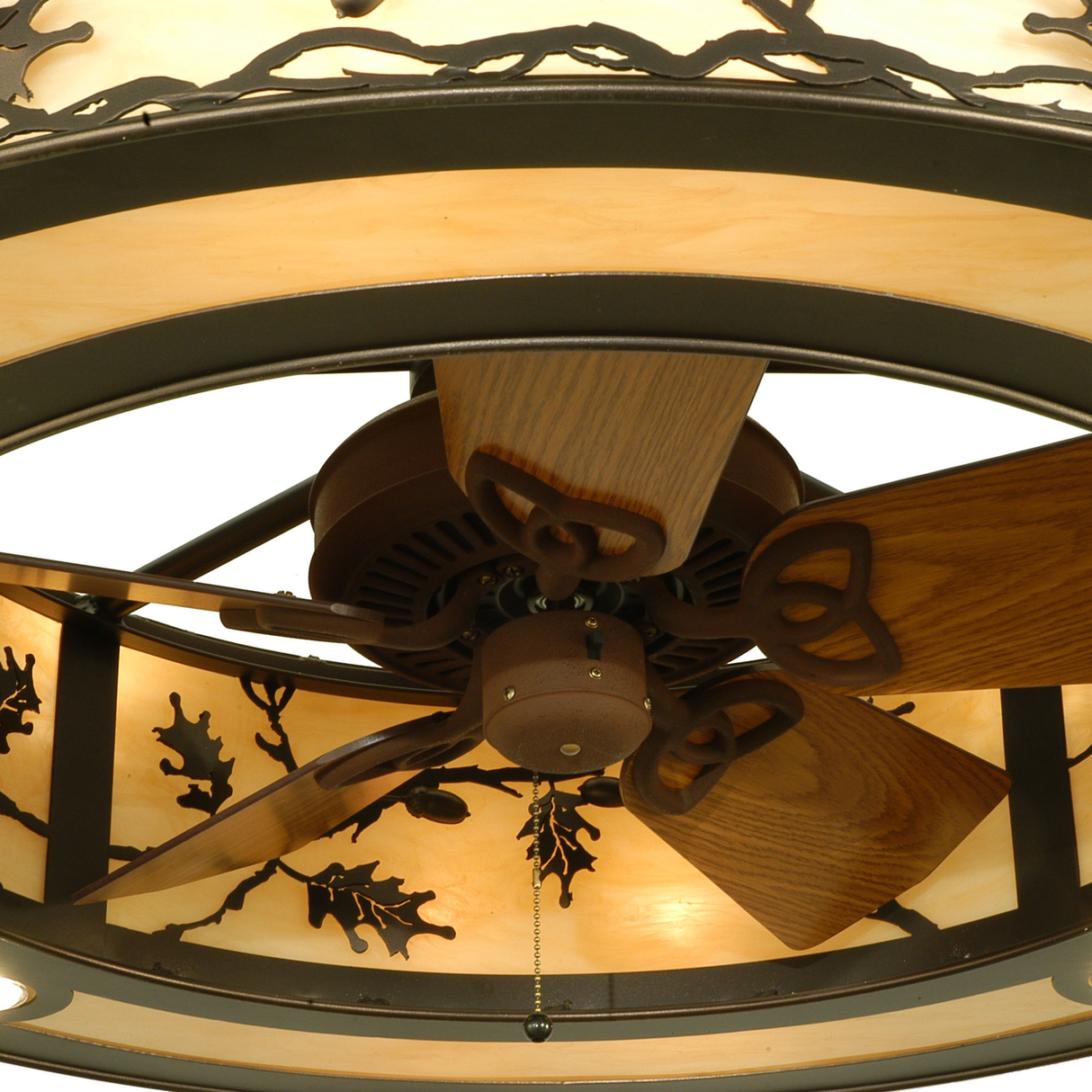 Close-up of wooden fan blades inside Chandel-Air fixture.