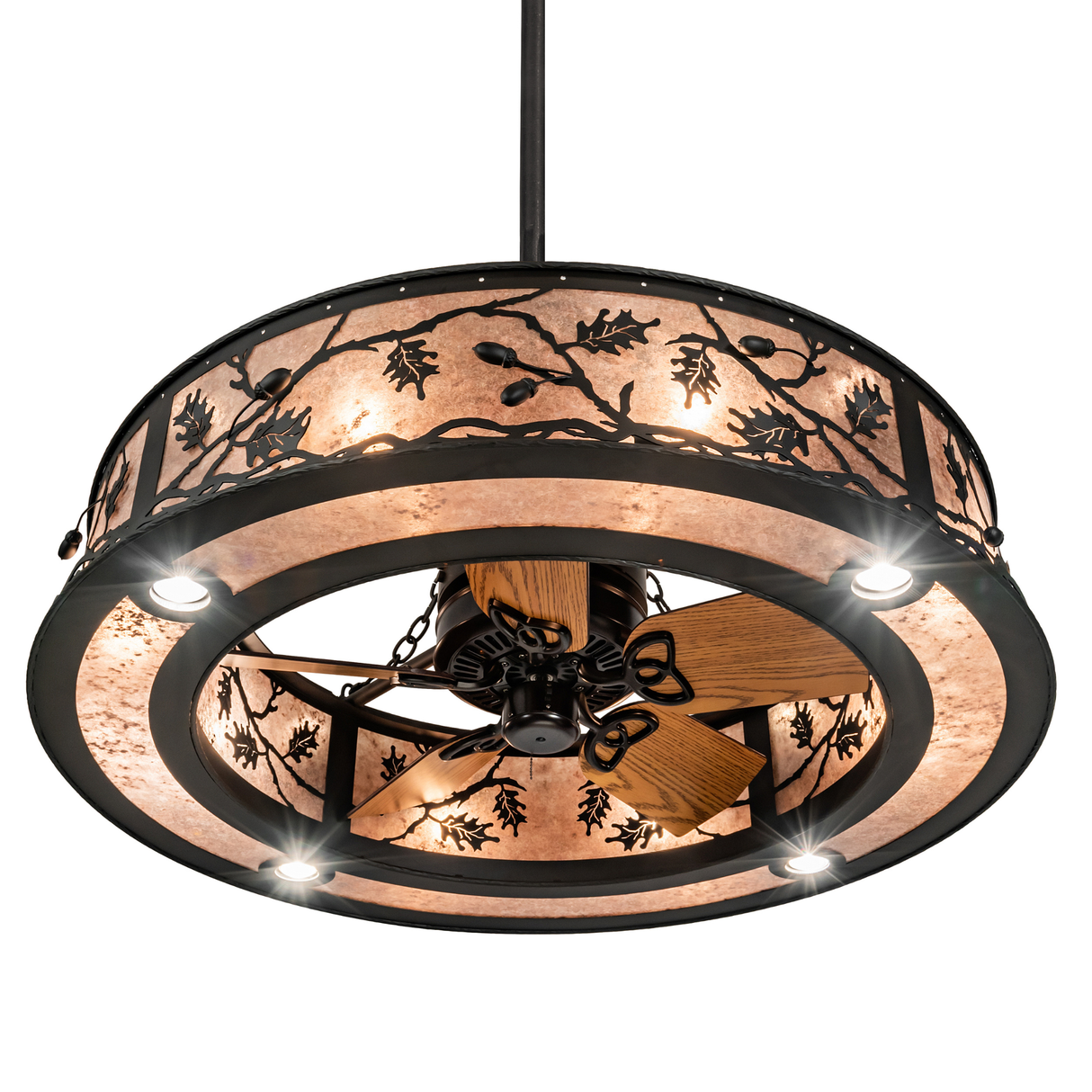 Bottom angled lit view showing fan blades and downlights.
