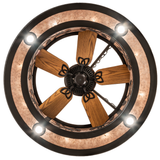 Bottom lit view displaying wooden fan blades and leaf pattern.