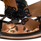 Close-up of integrated fan beneath illuminated oak leaf panels.
