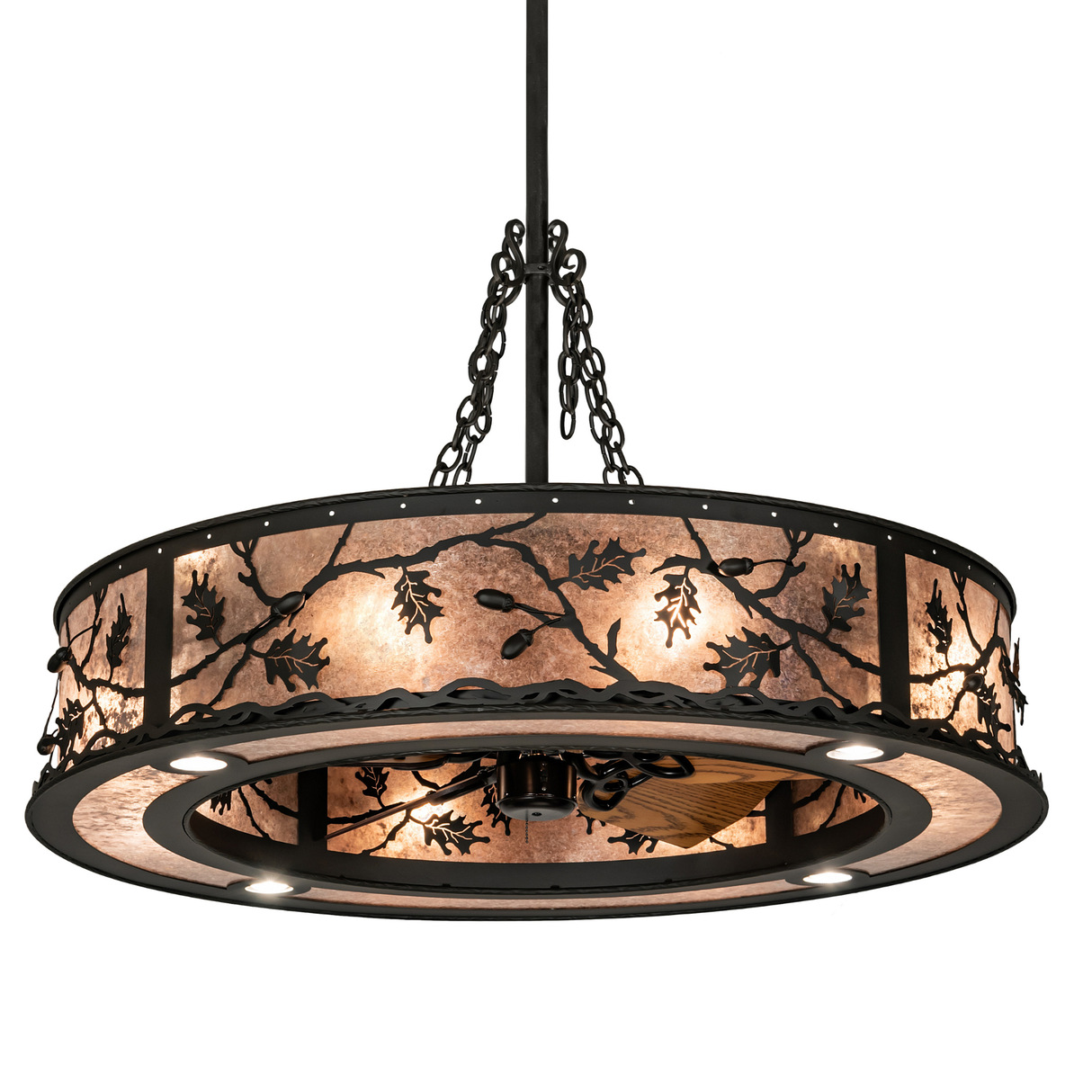 Angled lit view of Oak Leaf & Acorn Chandel-Air with bronze finish.