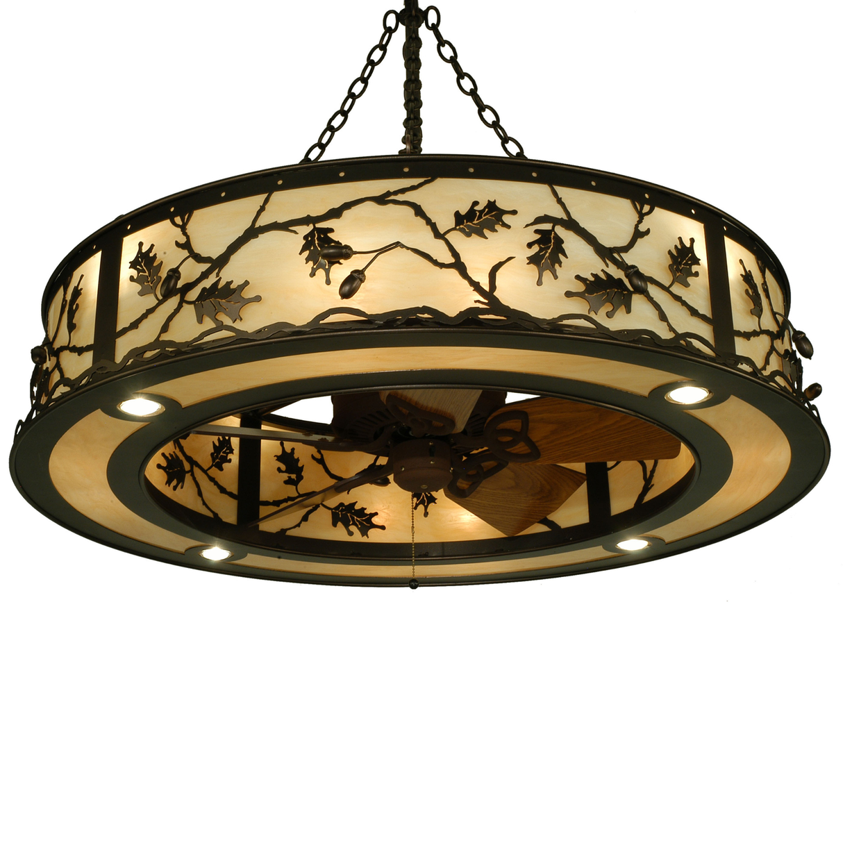 Lower angle showing lit fan and leaf detailing.