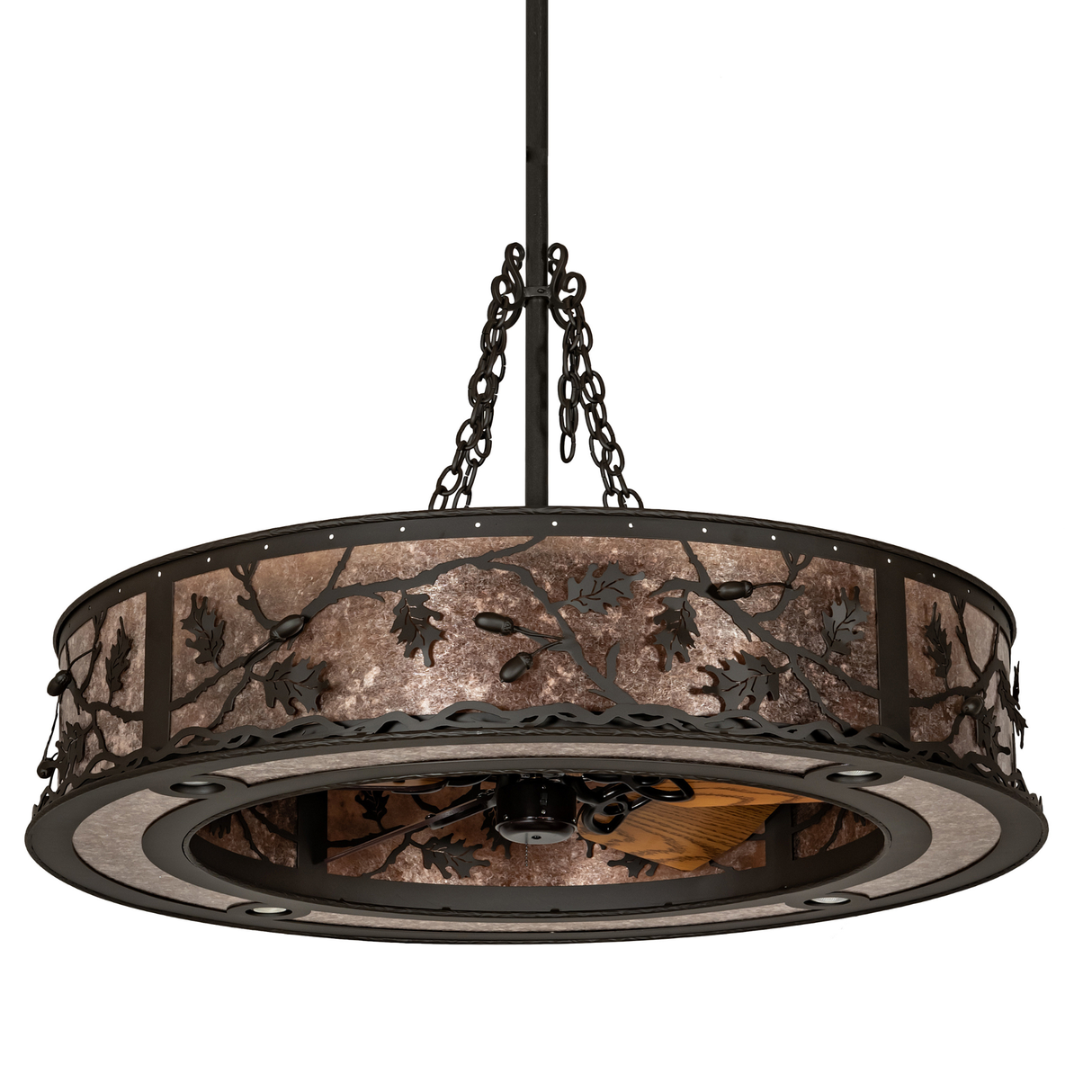 Unlit angled view showing oak leaf metalwork and mica diffuser.
