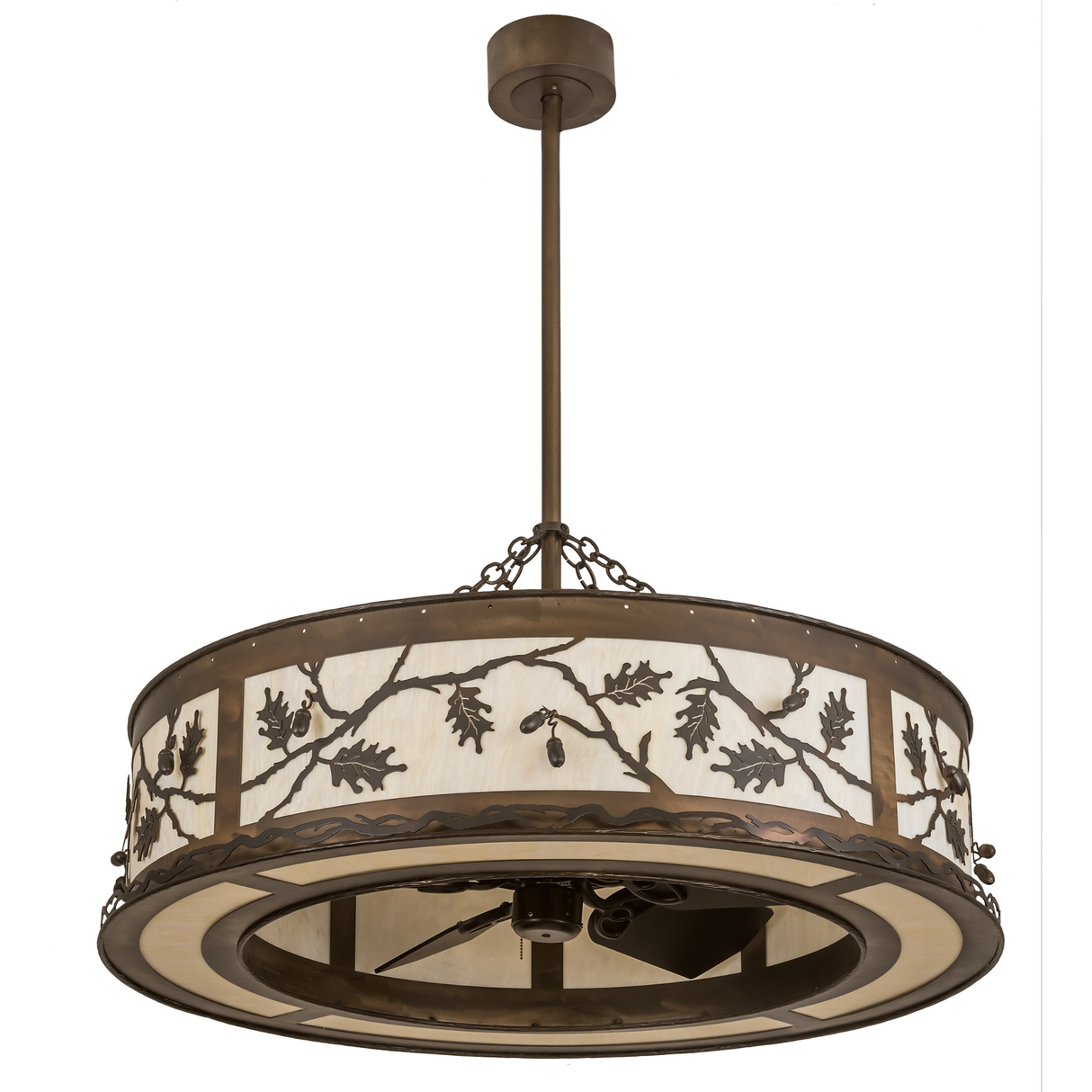 Unlit front view of 45-inch Oak Leaf & Acorn Chandel-Air with branch motifs.