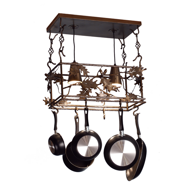 24-inch Oak Leaf & Acorn pot rack chandelier with lights and pans.