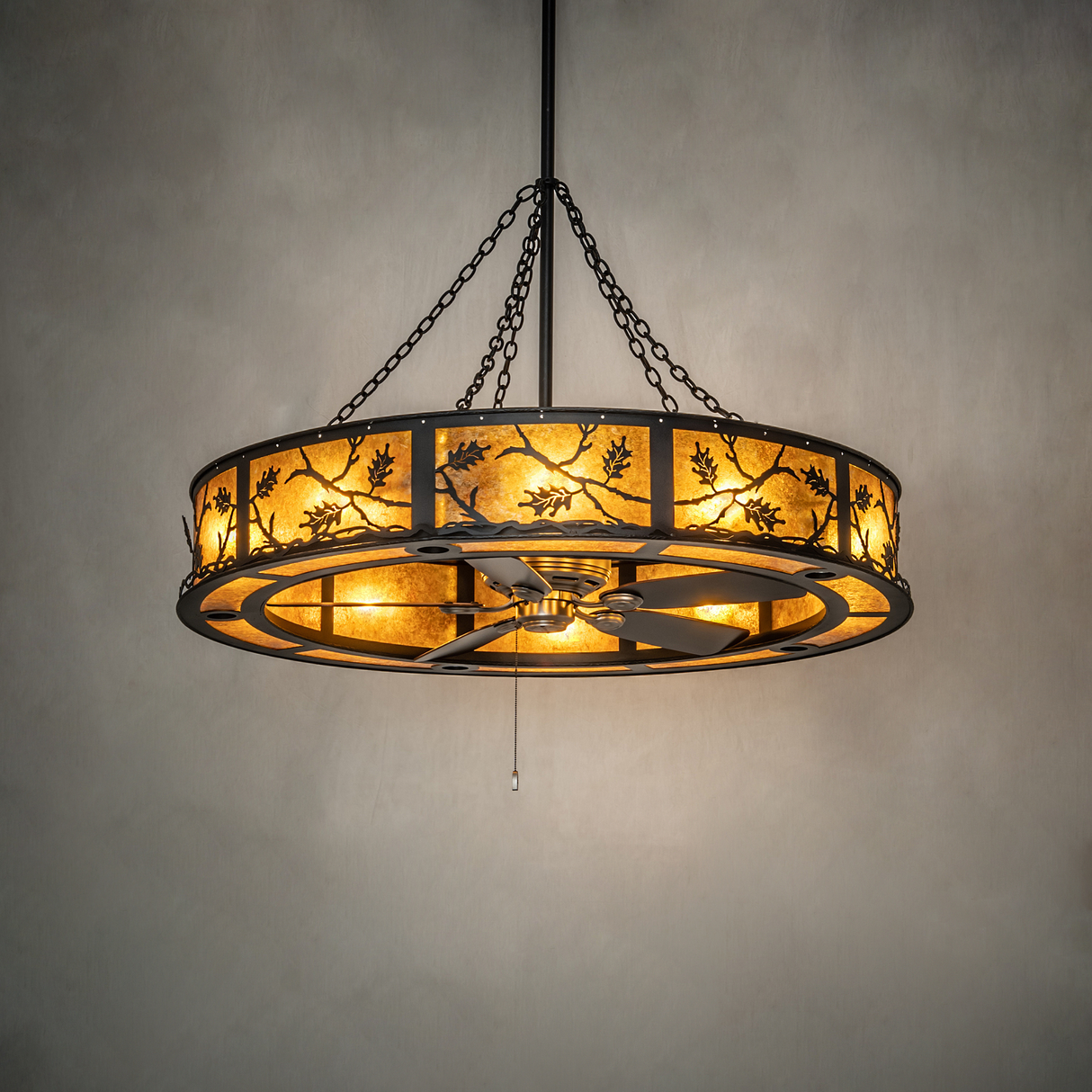 Oak Leaf Chandel-Air softly lit in ambient interior, showing warm rustic illumination.