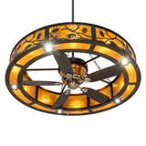 Oak Leaf Chandel-Air bottom angle view illuminated, showing fan blades and glowing amber mica diffuser.
