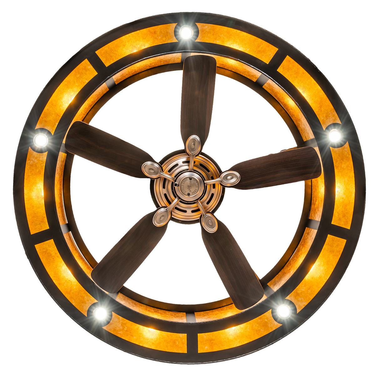 Oak Leaf Chandel-Air bottom view with fan blades and downlights glowing.
