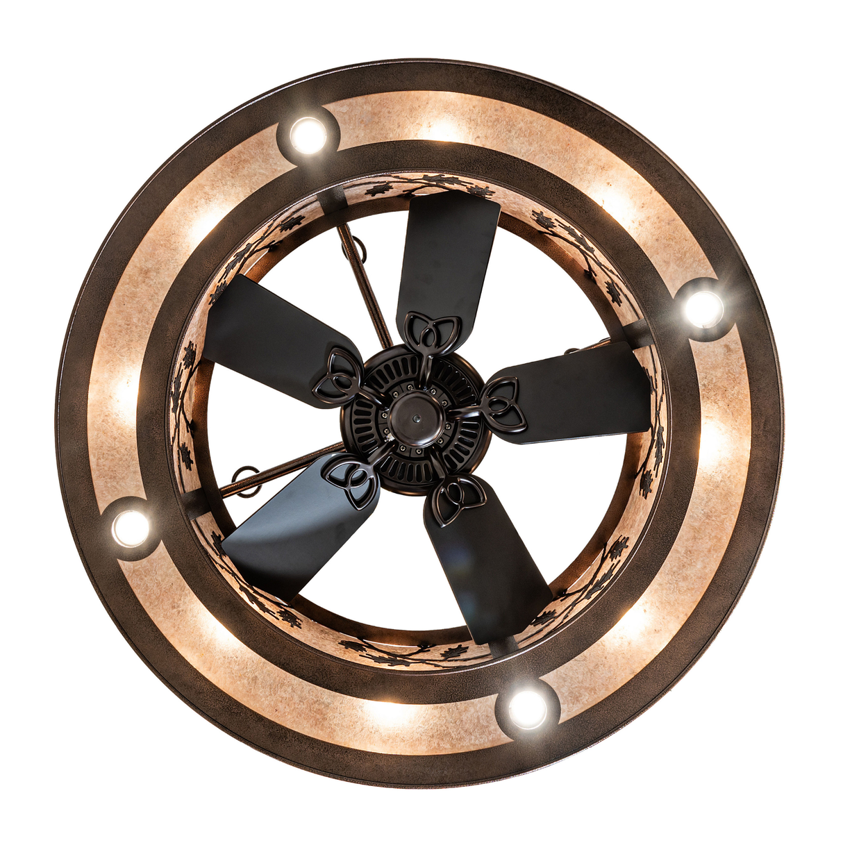 Bottom view displaying fan blades and illuminated mica diffuser.