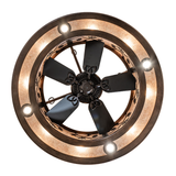 Bottom view displaying fan blades and illuminated mica diffuser.
