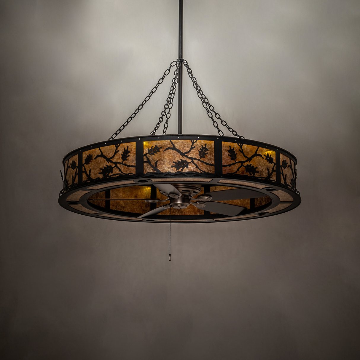 Oak Leaf Chandel-Air in dim setting, unlit mica panels with subtle reflective finish.