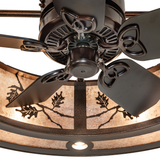 Closeup of the fan hub and blades with oak leaf pattern background.