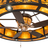 Close-up of Oak Leaf Chandel-Air fan and lighting details with amber glow.