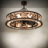 Illuminated Oak Leaf chandelier fan casting a warm mica glow.