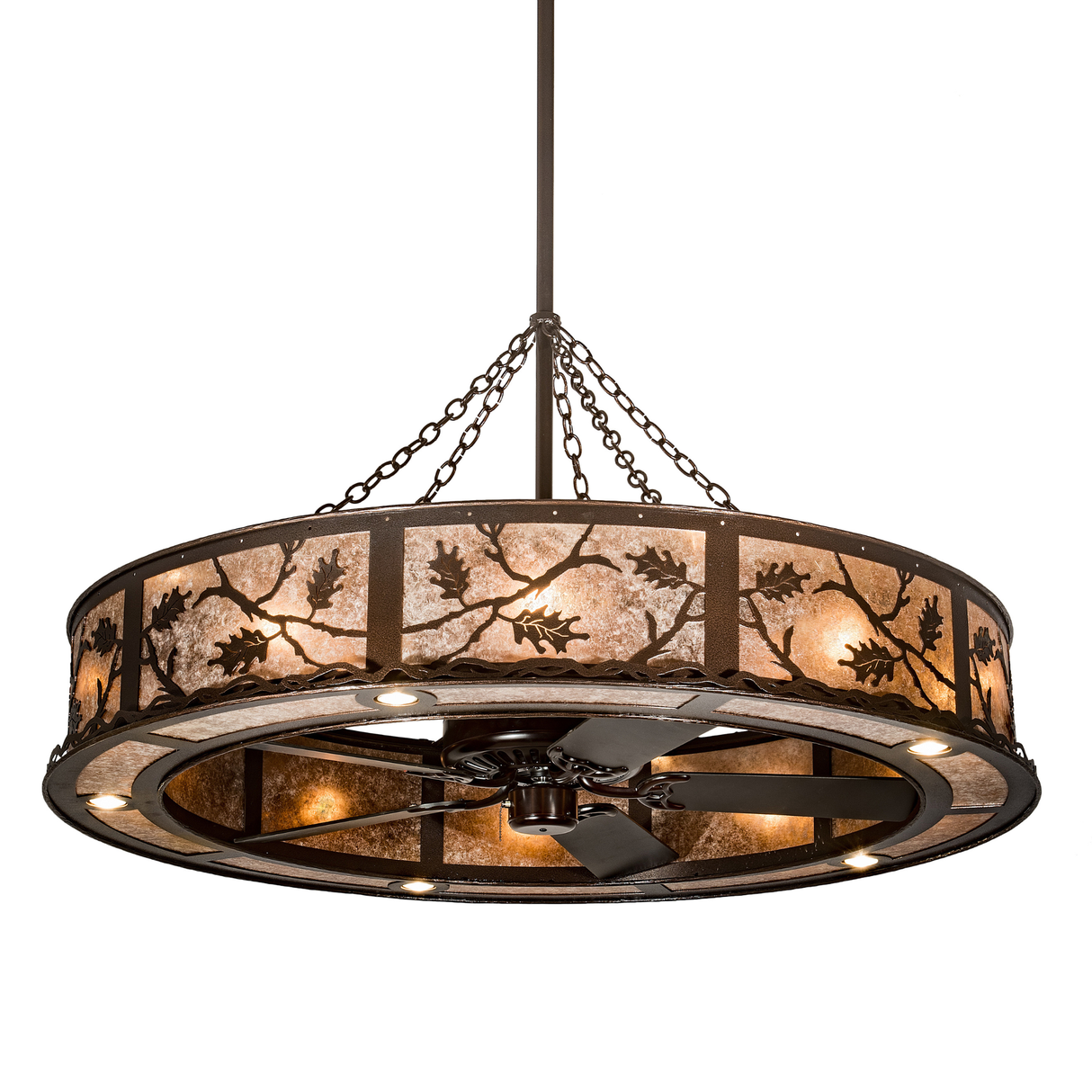 Lit angled view of Oak Leaf Chandel-Air with Silver Mica diffuser.