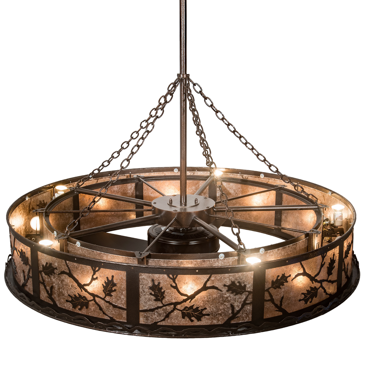 Top angled view showing metal chains and bronze-finished framework.