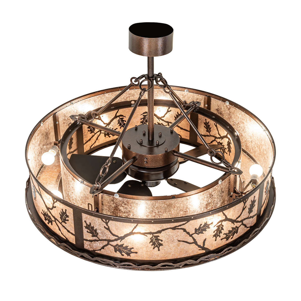 Overhead view showing inner fan and light arrangement of Oak Leaf fixture.