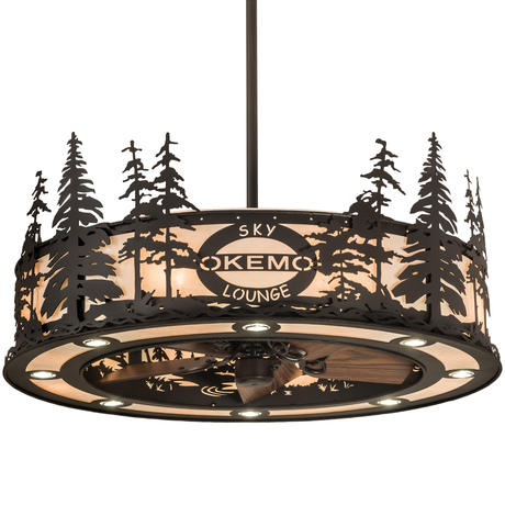 Lit angled view of 45" Okemo Sky Lounge Chandel-Air with pine tree cutouts and mica diffuser.