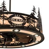 Close-up side lit view of Okemo Sky Lounge Chandel-Air highlighting logo and tree pattern details.