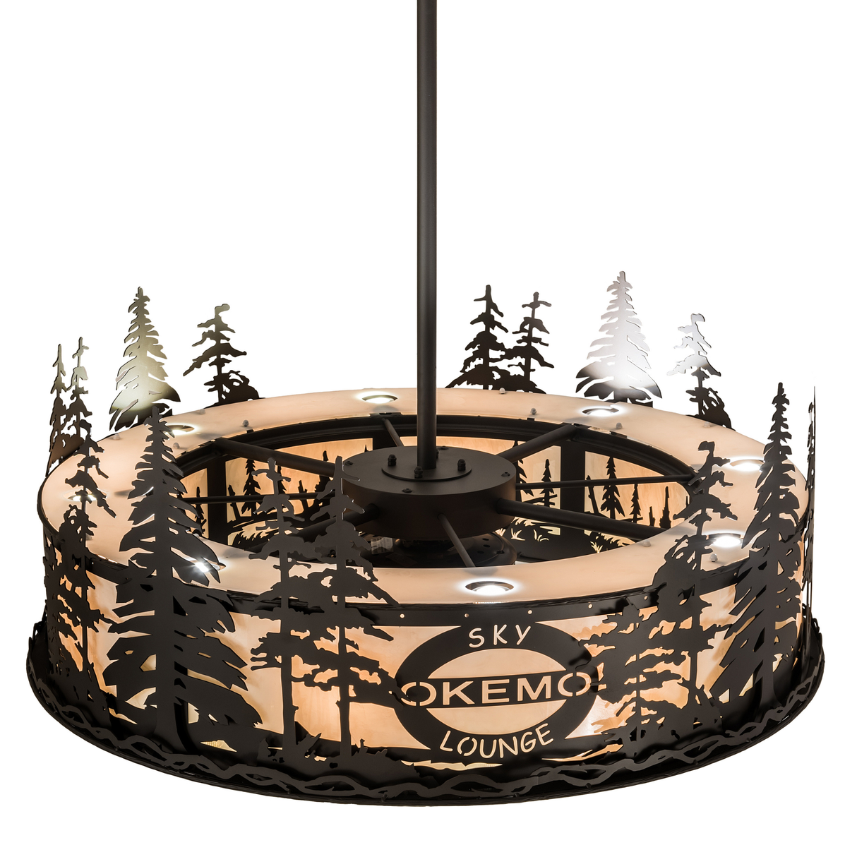 Top lit view of Okemo Sky Lounge Chandel-Air showing layered light sources and steel pine silhouettes.