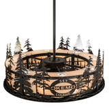 Top lit view of Okemo Sky Lounge Chandel-Air showing layered light sources and steel pine silhouettes.