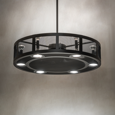 Paloma Golpe chandelier fan glowing softly in ambient lighting.