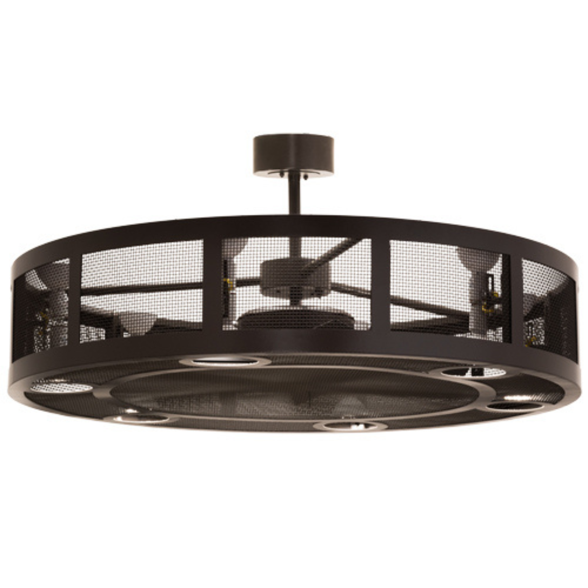 Angled view of Paloma Golpe Chandel-Air with bronze mesh frame and LED lighting.