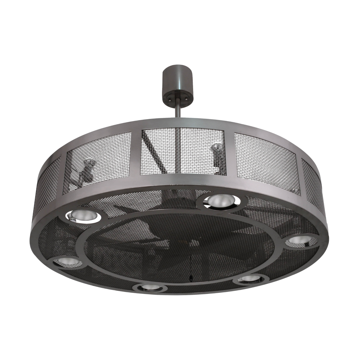 Unlit angled view revealing metallic mesh frame and integrated ceiling fan.
