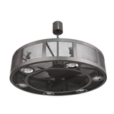 Unlit angled view revealing metallic mesh frame and integrated ceiling fan.