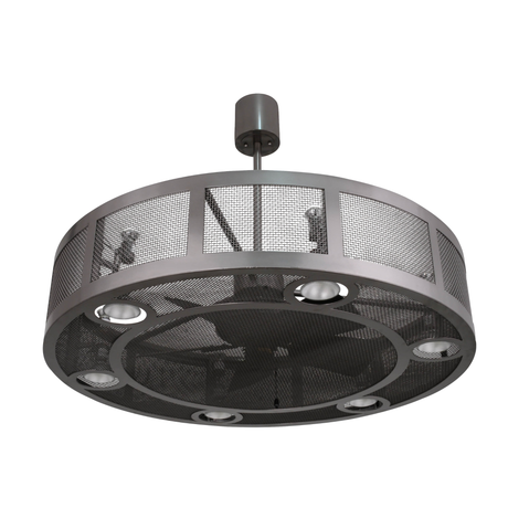 Unlit angled view revealing metallic mesh frame and integrated ceiling fan.