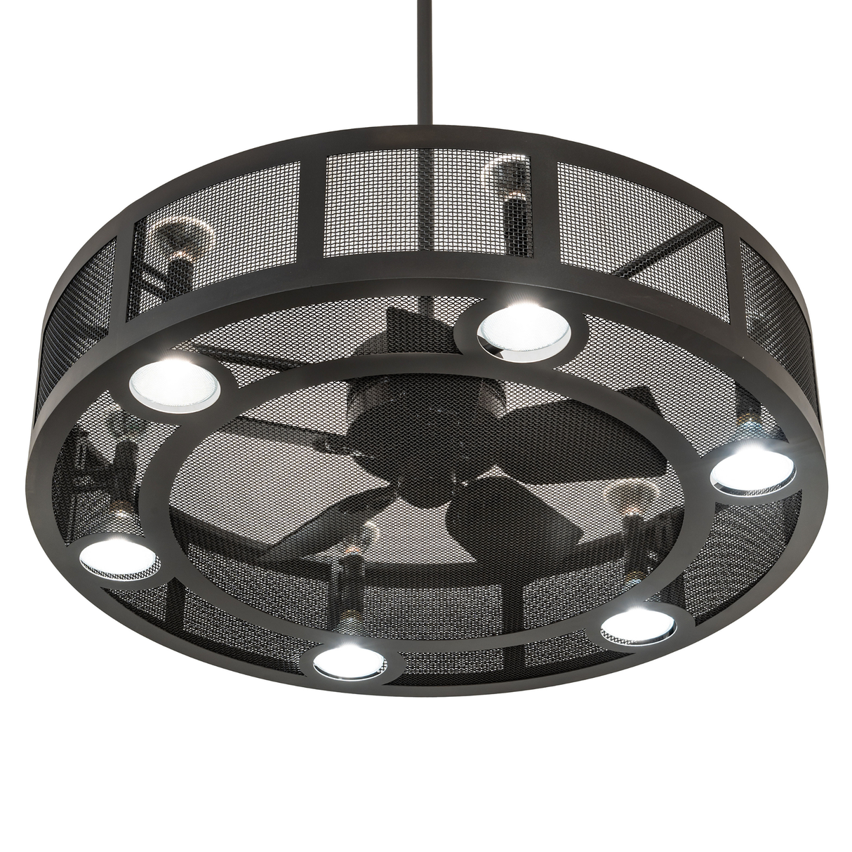 Bottom-angle lit view revealing fan blades and lighting pattern.