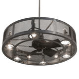 Bottom angle lit view revealing fan blades through perforated steel bottom cover.