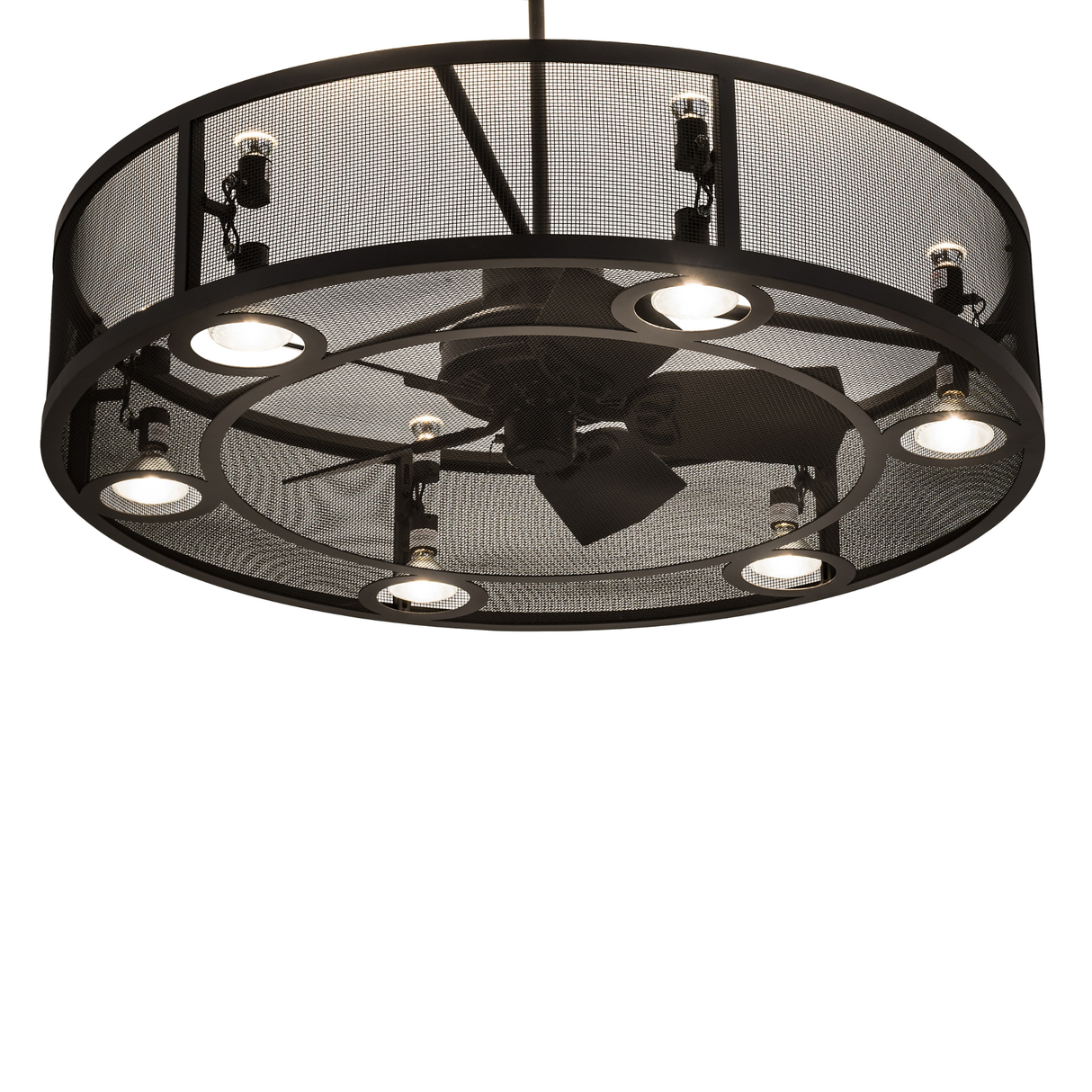 Bottom angled lit view highlighting fan blades and downlight ring.
