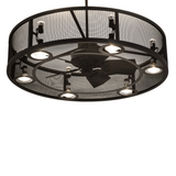 Bottom angled lit view highlighting fan blades and downlight ring.