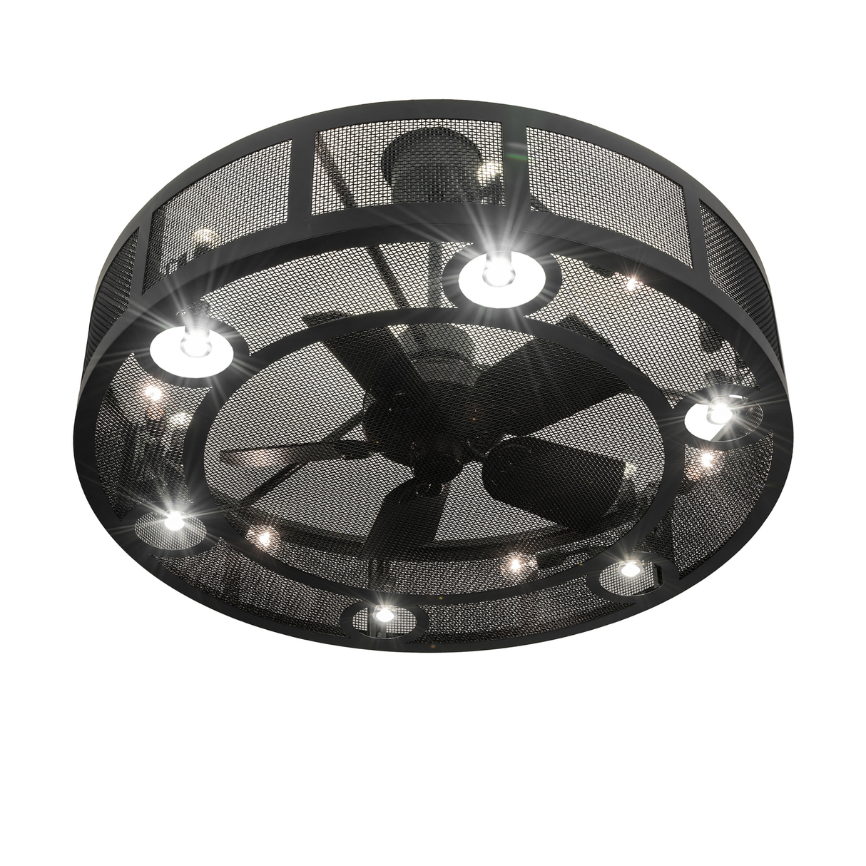 Bottom angle view showing integrated fan and circular LED lights.