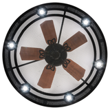 Close-up under view of blades and six downlights.