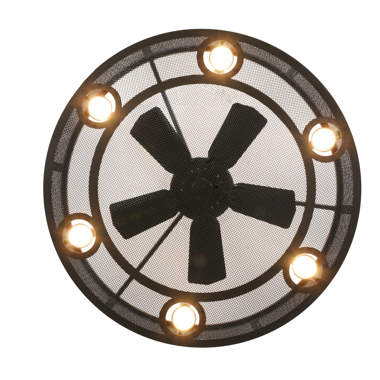 Closeup of circular bottom frame with glowing LED light and mesh detail.