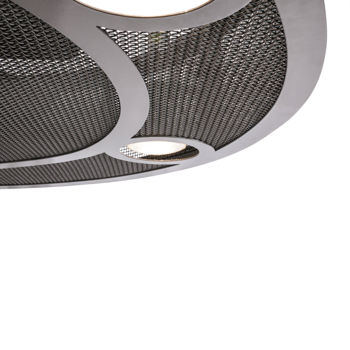 Closeup of bottom circular frame with fine mesh and glowing light.