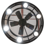 Bottom view showing fan blades and illuminated LEDs.
