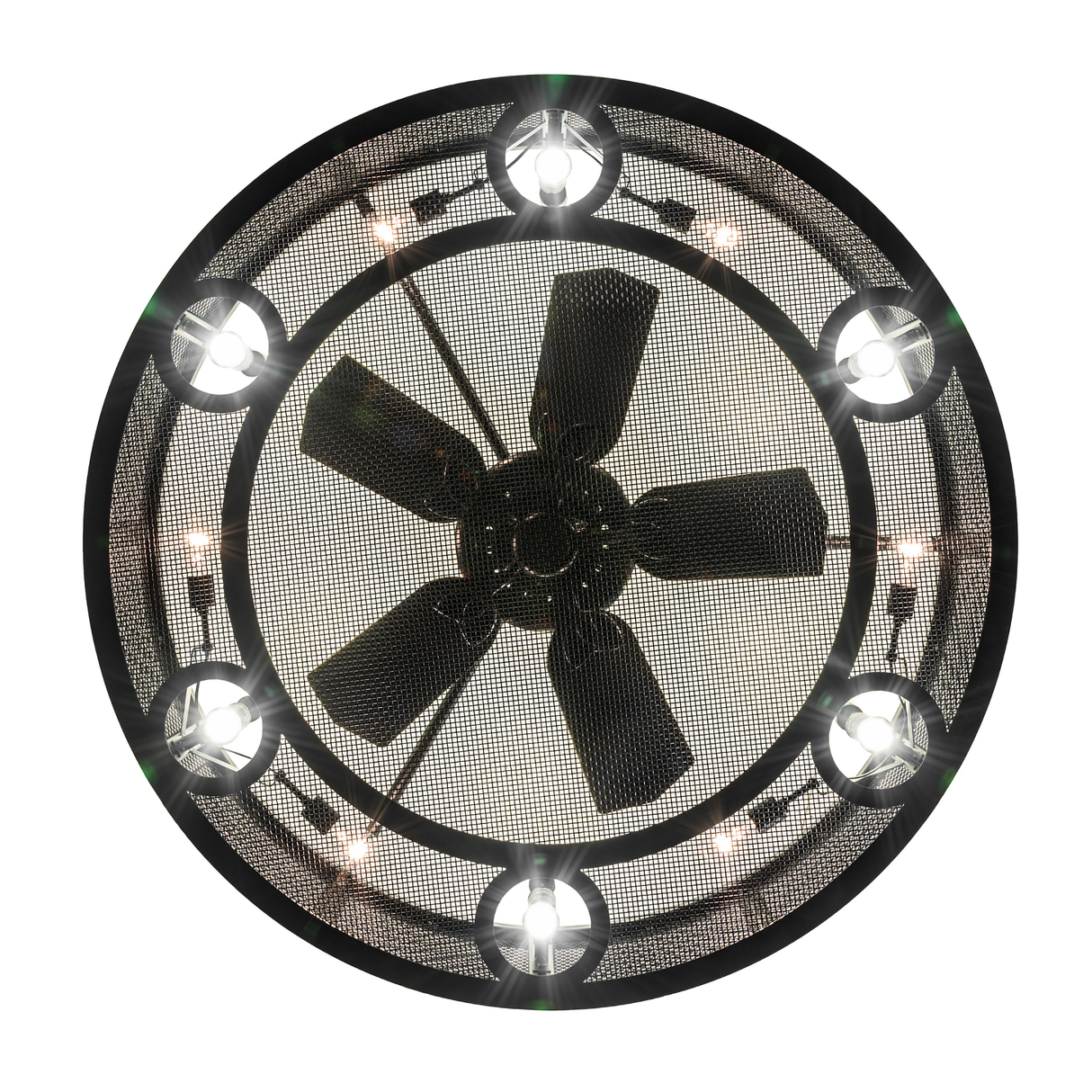 Bottom lit view of Paloma Golpe chandelier fan highlighting design.
