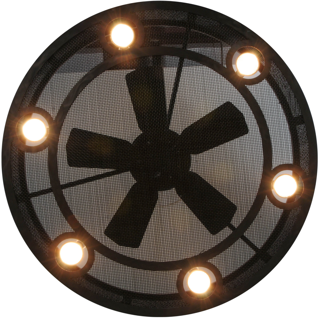 Bottom lit view showing fan blades and glowing circular lights.